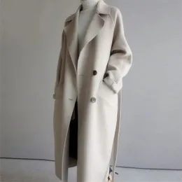 Mezclas de lana para mujer Chaqueta de lana beige Mujer Otoño Invierno Casual Solapa Abrigos largos Mujer Elegante Vintage Moda coreana Abrigo holgado de gran tamaño 231026