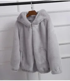 Kvinnors päls kvinnor vinter tjocka plysch huva kort kappa lös faux flickor grå överrock fluffig päls vindbrytare plus storlek 3xl