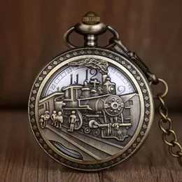 Relógios de bolso antigo esqueleto homens mulheres moda relógio de quartzo bronze trem design relógio de liga com colar de corrente 231027