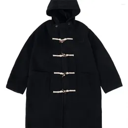 Herrgravrockar Vinterjacka Retro Hornknapp Huven Midlängd Lös duffelbeläggning Vindtät militär Preppy Style unisex kläder