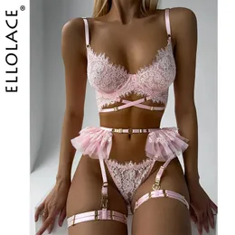 Sexy Set Ellolace Zarte Dessous Rüschen Strumpfgürtel Zarte Unterwäsche Durchsichtige Spitze Luxus Intim Kuss Sex Ausgefallenes Outfit 231027