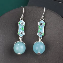 Dangle Küpe 925 STERLING Gümüş Emaye Küçük Çiçek Aquamarine Drop Retro Orijinal Tasarım Mavi Püskül Kadın Mücevher Eh163