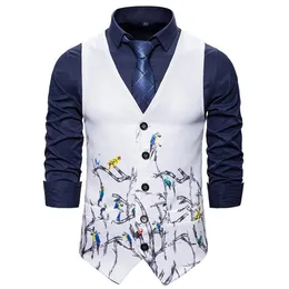 Gilet sans manches pour hommes, coupe cintrée, imprimé Floral, oiseau blanc, gilet d'affaires, Social, smoking de mariage, costume 281K