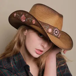Szerokie brzegowe czapki wiadro threedimensional haftowanie ręcznie robione słomki kapelusz zachodni kowboja czapka na zewnątrz kobiety luksusowe europejskie i amerykańskie 231027