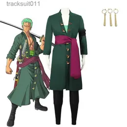 Anime Costumes Anime Cosplay Come Roronoa Zoro Wig Full Set with Girdle Belt Accessories Earrings Green ShortHair Halloween Roleplay Outfits L231027