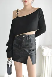 Damessweaters herfst metalen ketting zwarte diagonale shorts sexy losse korte trui trui