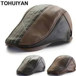 Berets TOHUIYAN Men Leather Berets Hats Vintage Gentleman Flat Caps Boinas Para Hombre Ivy Hat Irish Outdoor Adjustable Driver Hats 231027
