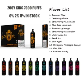 Original Zooy King 7000 Puffs E Cigarettes Elfbars 0% 2% 5% Caneta Vape descartável com bateria recarregável de 650mAh 14ML pré-preenchido Randm Tornado 7k Vaper Cartridge