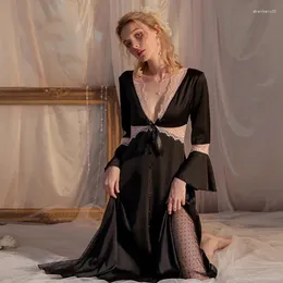 Black Nightgowns Lace Embroidery Long Satin Suspender Nightdress