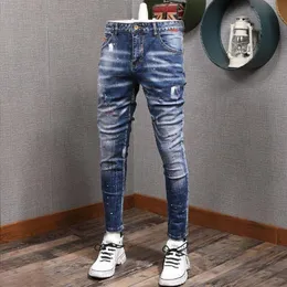 Dżinsy męskie jeansu jesień szczupła marka moda Wysokiej jakości niebieskie perforowane spodnie splash chudy erkek Jean Pantolon2764