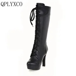 Boots QPLYXCO Plus fashion small big Size 31 45 Woman Autumn Winter Warm lace up high Heels long Bota Shoes M 20 231026