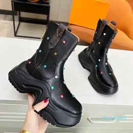 2023-New Women Platform Boots Brand Luxury Designer Classic Letter Printing Water Diamond Decoration Ankle Boots Backチェーンジッパーアンチスライドレディースウィンター