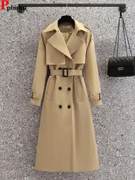 Korki damskie płaszcze podwójnie piersi Khaki Long Trench płaszcz Vintage klasyczny szczupły wiatrówek Casaco Kobiety swobodne gabardina chaquetas koreański Abrigos 231026