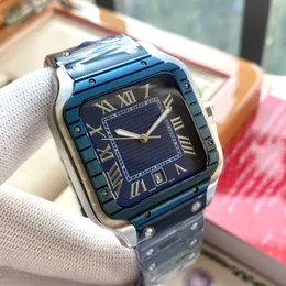 Мужские высококачественные механические часы, квадратная нержавеющая сталь, темно-синий безель с автоматическим механизмом, сапфировое стекло и роскошные часы в коробке