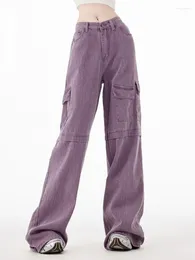 Calças de brim femininas vintage roxo em linha reta mulheres carga baggy namorado perna larga denim calças largas streetwear harajuku y2k calças 2023