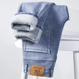 Jeans masculinos inverno velo grosso quente clássico marca negócios casual cabido estiramento reto meados de cintura alta denim 231027