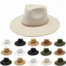 Berets Men Women Hemming Brim Fedora Hat Metal Chain Simple Floopy Wide Panama Trilby Cap Cap Autumn Winter