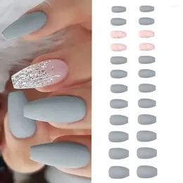 False Nails 24st Nagel Tips Full Cover Press On French Fake Ballerina Haze Grey Blue Short