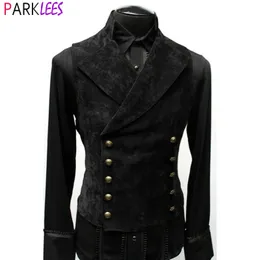 Mens Västar Mens Double Breasted Gothic Steampunk Velvet Vest Stand Collar Medieval Victorian Black Waistcoat Men Stage Cosplay Prom Costume 231027