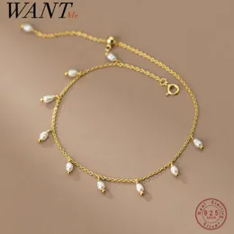 anklets wantme 925スターリングシルバーファッションシンプルチェーンバロックパールタッセルアンクレットエレガントな結婚式のフレンチジュエリーアクセサリー231027