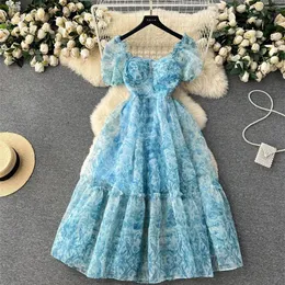 Abiti casual Estate Nuove donne Collo quadrato Manica a sbuffo Abito floreale Blu Arancione Abiti di media lunghezza in organza Dolce festa serale Dr252V