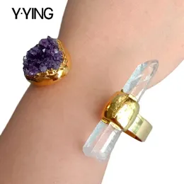 Pulseira Y.YING Natural Amethsyts Druzy Branco Quartzo Pulseira Cor Dourada Pulseira Galvanizada Ajustável 231027