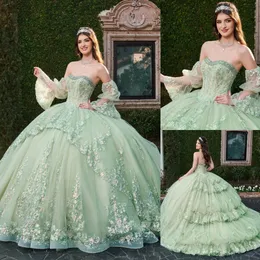 Charming Ball Gown Beaded Lace Quinceanera Dresses Appliqued Prom Gowns With Long Sleeves Strapless Neckline Tulle Ruffled Sweet 15 Masquerade Dress 415