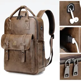 Backpack 15.6 Inch Men Notebook Laptop USB PU Leather Bag Waterproof School Multifunction Travel Pack For Male Women Female