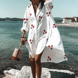 Vestidos casuais primavera moda solta cereja impressão mulheres camisa vestido balanço manga longa turn down color midi férias praia