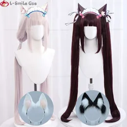 Catsuit Costumes 애니메이션 Nekopara Cosplay 가발 100cm 길이 바닐라 라이트 핑크 초콜릿 어두운 갈색 난방 합성 모발 가발