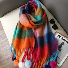 Lenços luxo xadrez cachecol inverno quente cashmere mulheres hairball pashmina foulard feminino senhora borla xale envolve 2023 design 231026