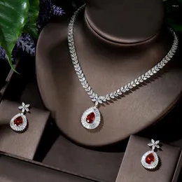 Necklace Earrings Set HIBRIDE Classic Bridal Accessories Anniversary Shiny Red Color Big Water Drop Cubic Zircon Jewelry Ensemble De Bijoux