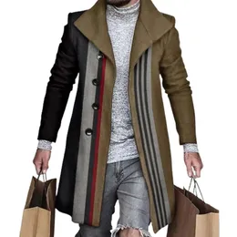 Мужской Тренч больших размеров средней длины, мужская ветровка, осень-зима, клетчатое лоскутное пальто на пуговицах, утолщенное шерстяное пальто 231026