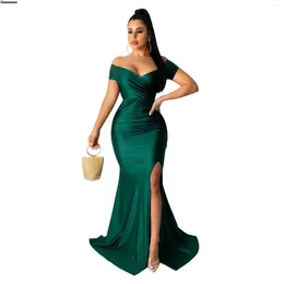 Vestidos casuais mulheres fora do ombro alta divisão longa formal noite vestido sexy v pescoço ruched bodycon sereia cocktail convidado de casamento