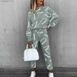 Kvinnors tvåbitar byxor Casual Letters Printed 2 Pieces Set Joggers DrawString Long Sleeve Tops Tracksuit For Sports Suit Ladies Suits Pants Outfits T231027