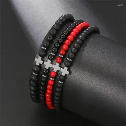 Charme pulseiras pulseira masculina casais distância preto vermelho natural lava pedra frisada yoga para mulheres corda elástica clássico masculino jóias