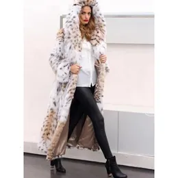 Cappotto lungo da donna con cappuccio in pelliccia finta donna inverno caldo moda manica intera stampa leopardata cappotti a vita larga Lugentolo 231026