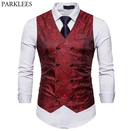 Mens Vests Mens Red Paisley Double Breasted Dress Vest Brand Slim Fit Formal Business Sleeveless Waistcoat Men Chaleco Hombre 2XL 231027