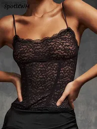 Women's Tanks Camis Black Lace Corset Suspender Crop Tops Skinny Low-cut Sleeveless Back Zipper Sling Top 2023 Summer Sexy Fashion Women's Tops T231027