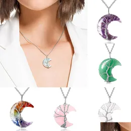 Collane con ciondolo Cristallo naturale Albero della vita Collana a forma di luna per donna Uomo Gioielli curativi minerali lucidati Girocollo Regali Goccia Ot6T5