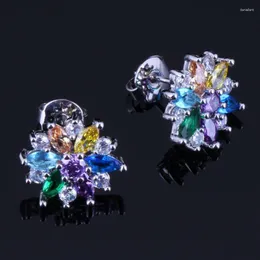 Stud Earrings Cute Flower Multigem Multicolor Yellow Cubic Zirconia Silver Plated V0388