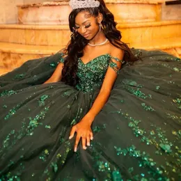 Blackish Green Glitter Off The Shoulder Ball Gown Quinceanera Dresses Sweet 16 Princess Applique Lace Beads Gowns Vestidos De 15 Anos