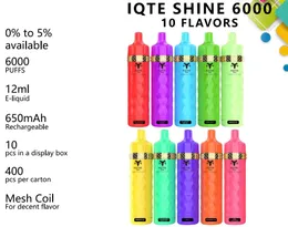 Original IQTE SHINE 6000 Puff elektronische Zigarette Einweg-Vape-Starter-Kit, 12 ml Akku, 650 mAh wiederaufladbarer E-Zigaretten-Vape