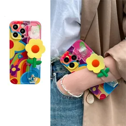 Mobiltelefonfodral Sydkorea Söt 3D Sunflower armband Soft Case iPhone 14 13 12 11 Pro Max Färgglada blommor armbandssacksäkert omslag FUNDA 231026