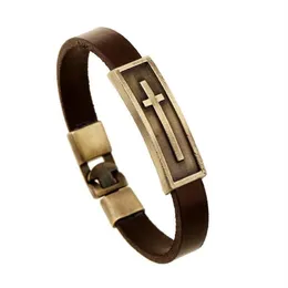 KaiMin Classico Cristo Croce Uomo Donna Bracciale in pelle Semplice bottone in acciaio marrone Accessori neutri Gioielli tessuti a mano Regali Char283H