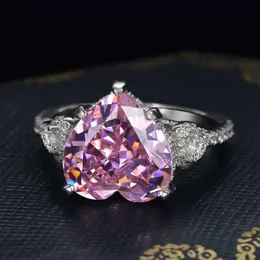 Coração cortado 5ct rosa safira diamante anel 100% original 925 prata esterlina noivado casamento anéis de banda para mulher jóias 290g