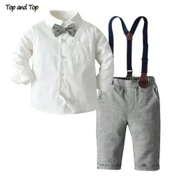 مجموعات الملابس من أعلى وأعلى أزياء أطفال مجموعات ملابس بوي جينتلمان بدلة طويلة الأكمام بيضاء القميص قميص 2pcs ملابس الملابس tuxedo 231027