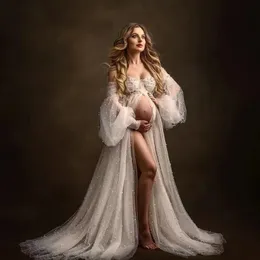 Maternity Dresses Pregnant Womens Lace Mesh Tug Dress Sexy Slippery Shoulder Split Pearl Long Pography Prop Robe Grossesse 231026