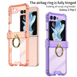 Capa de telefone luxuosa transparente HingeVogue para Samsung Galaxy dobrável Z Flip5 5G fina proteção completa macia pára-choque transparente suporte dobrável com suporte de anel de dedo