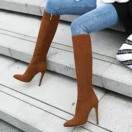 Buty Panie Sexy Stiletto Highheel Knight Boots Faux Suede Zipper Knee High Boots Women Winter Warm Fashion Buty damskie 231026